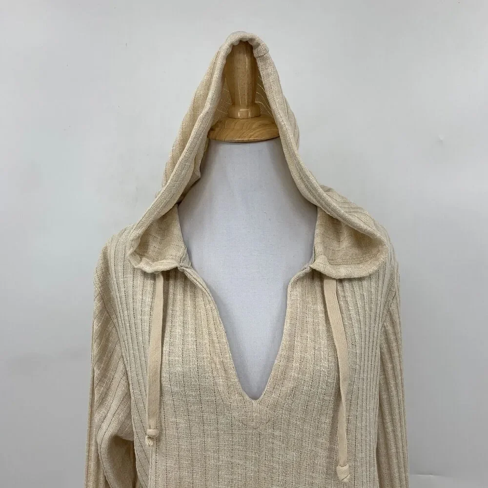 RVCA Cropped Hoodie Women L Large Beige V Neck Knit Pullover Long Sleeve Sweater